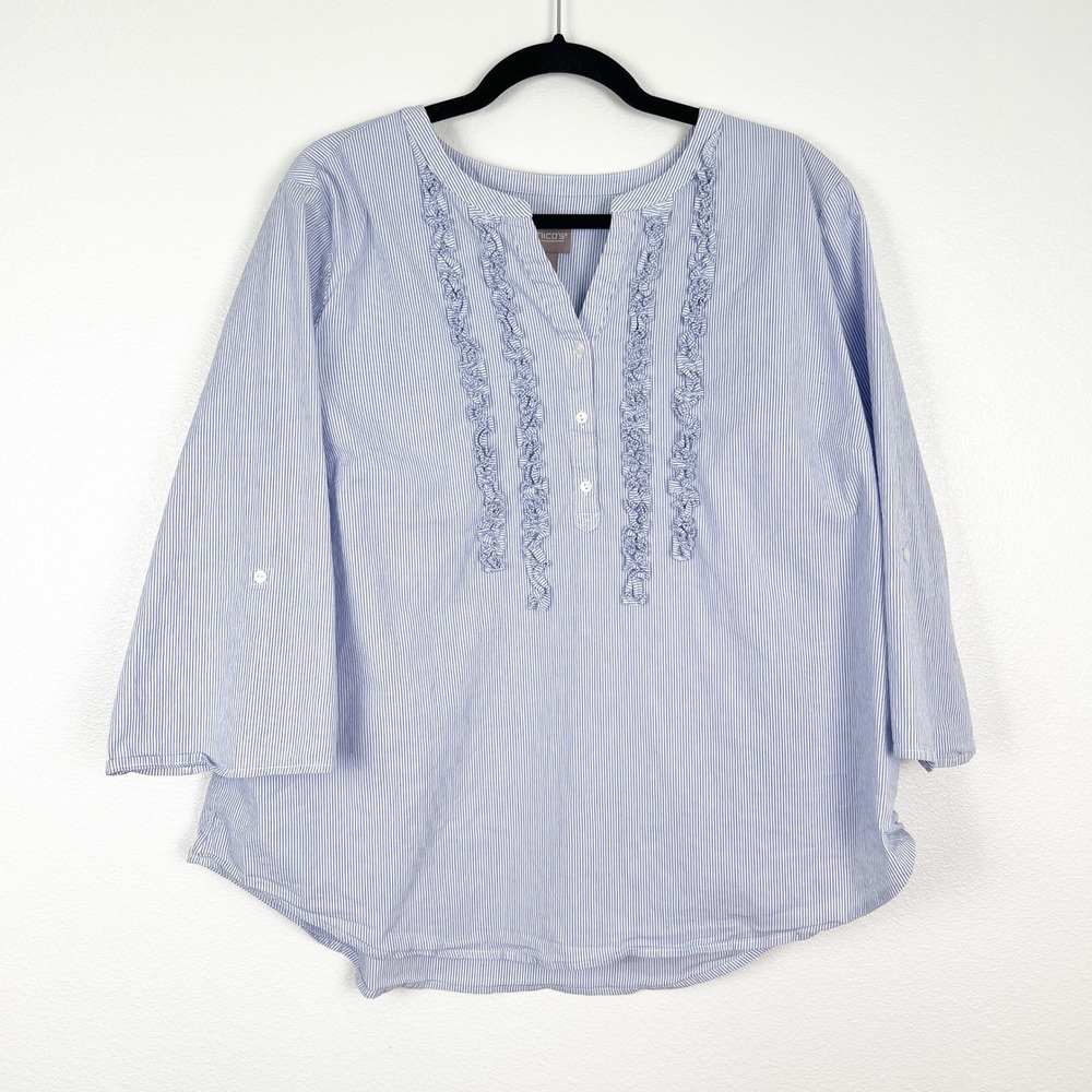 Chico's Women's 3/4 Sleeve Striped Blouse Blue Sz 4 (XXL)
